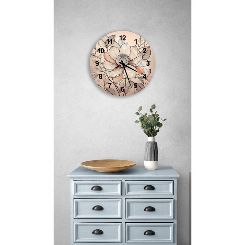 Horloge murale élégante en verre trempé à motif floral, Noir