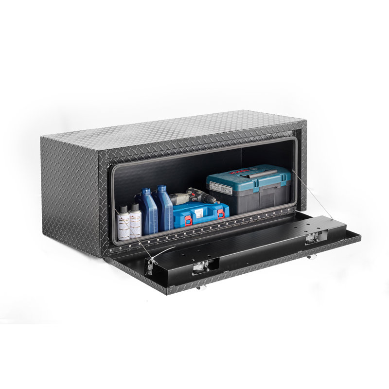 Coffre à outils de 48 pouces en aluminium pour coffre de caisse de dessous de lit Boîte à outils robuste avec rangement et clés, coffre de remorque imperméable, plaque de filetage à losanges très épaisse, finition noir mat