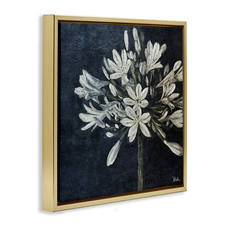 "White Herb Blooms", art mural encadré par Patricia Pinto, Cadre flottant métallique doré, H 18 po x l 18 po