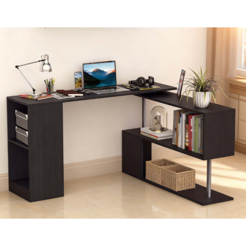 Bureau moderne en L avec tablettes de rangement à 3 niveaux, bibliothèque