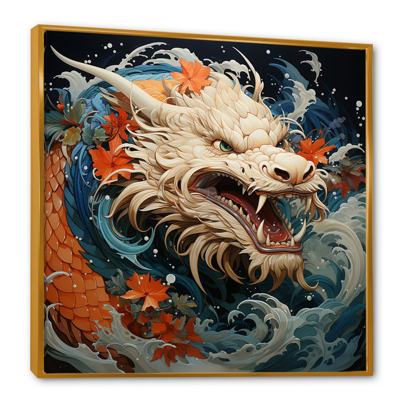Vague de dragon japonais au large de Kanagawa I - Dragons, art mural, Cadre flottant doré, H 30 po x l 30 po x P 1,5 po