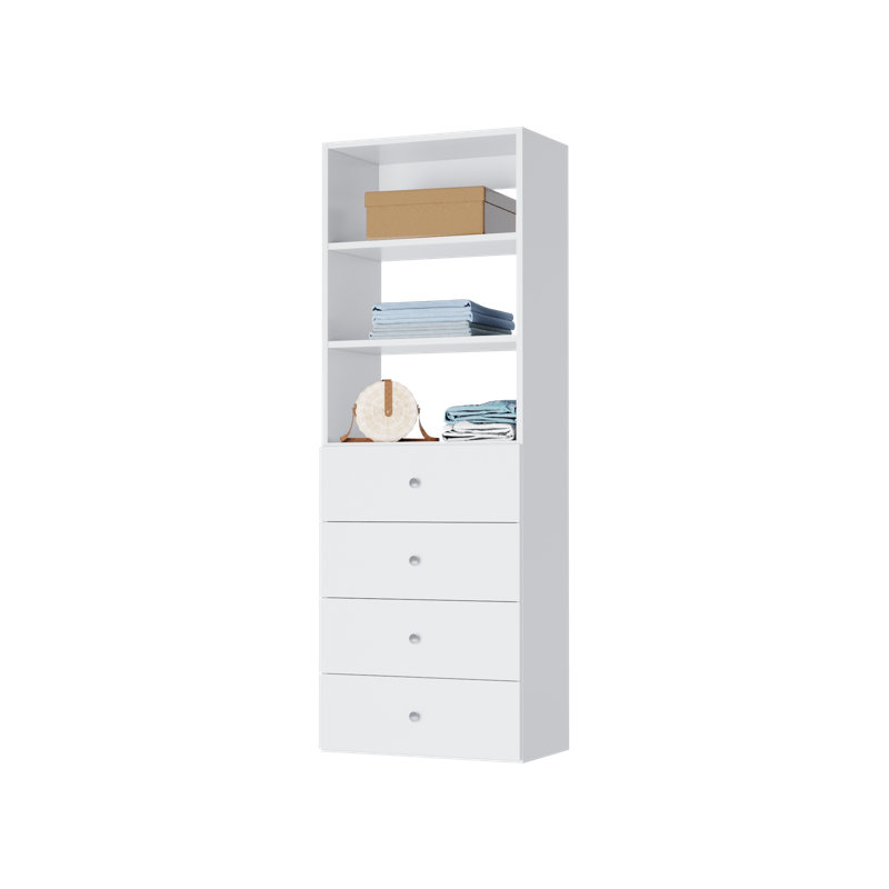Modular White Wood Closet Tower with Shelves and 4 Drawers