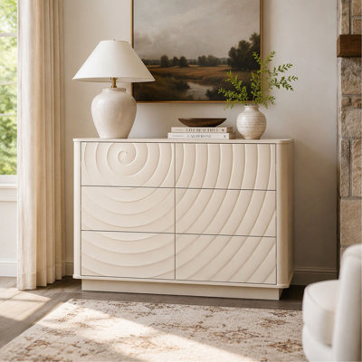 Commode à 6 tiroirs de 118 cm (46,5 pouces) au design ondulé sans poignées, meuble de rangement moderne pour chambre à coucher