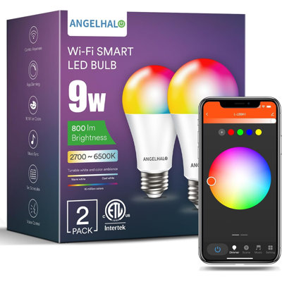 Ampoules intelligentes A19 de 9 watts, ampoules à changement de couleur RGBCW, Wi-Fi et Bluetooth, compatibles avec Alexa et l'assistant Google, paquet de 2