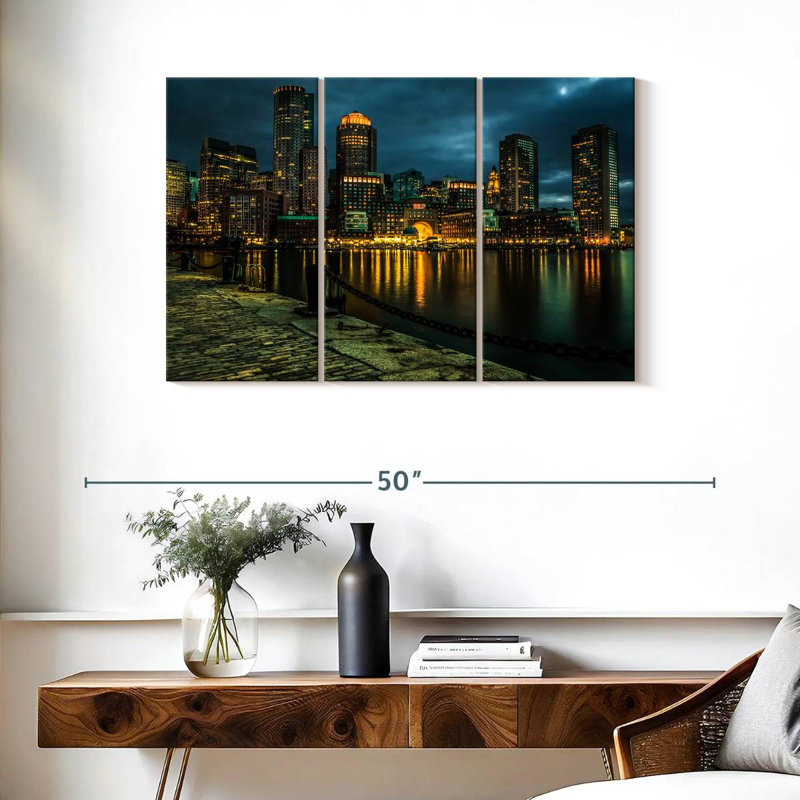 «Boston Skyline At Night», reproduction d'art sur toile, H 38 po x l 24 po x P 1,25 po