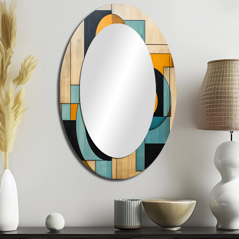 Serendipity Abstract Mid-Century Geometrics - Blue Mid-Century Oval Wall Mirror, 36" x 24"