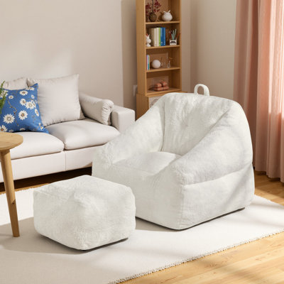 38.5" W Teddy Fabric Foam Filled Bean Bag Chair With Ottoman by Trule