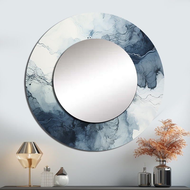 Bleu et blanc Marble River III - miroir décoratif en marbre, grand miroir mural rond bleu, impression d'art en métal
