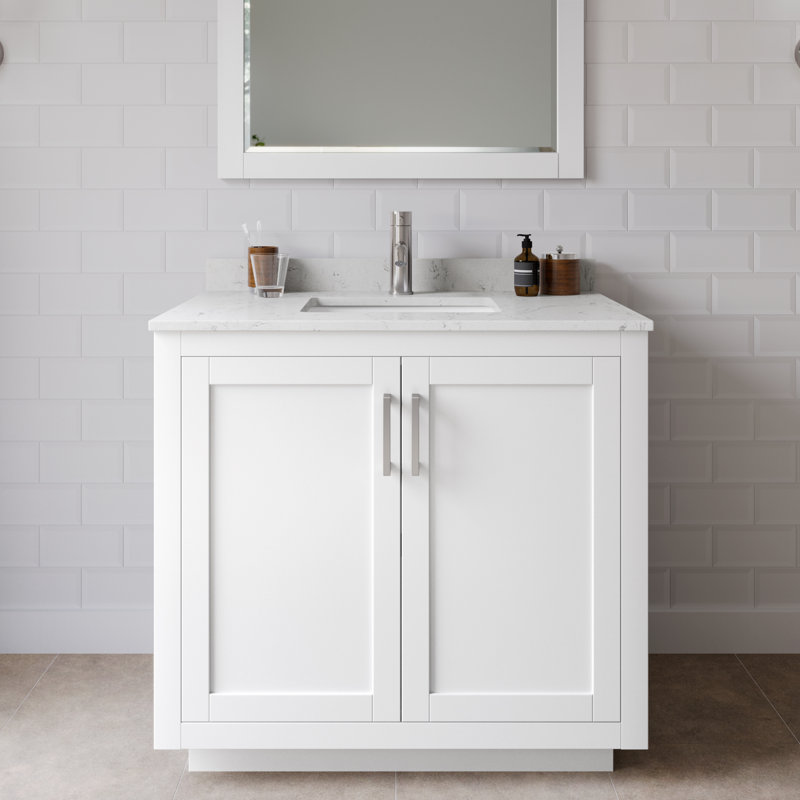 Miranda 36" Freestanding Single Bathroom Vanity with Cultured Marble Top, Brushed Nickel, Carrara Cultured Marble, White