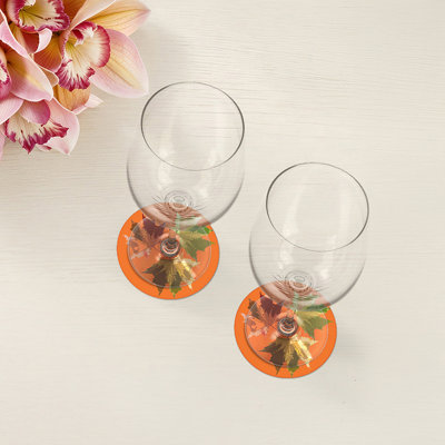 Autumn Leaves Orange Vegan Leather Round Coasters