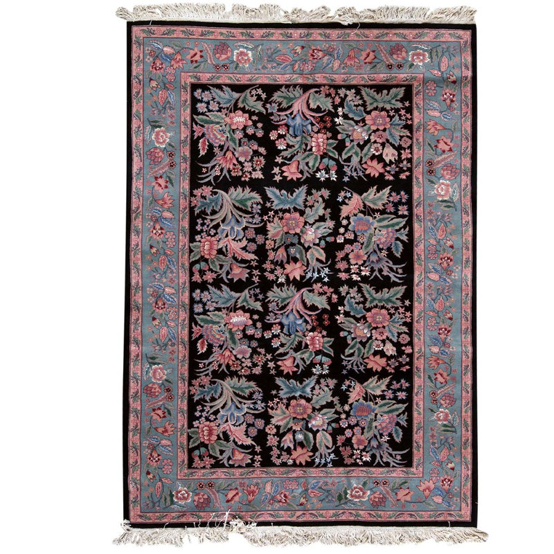 Tapis oriental noir / bleu clair en laine noué à la main 6 pi x 9 pi Oriental