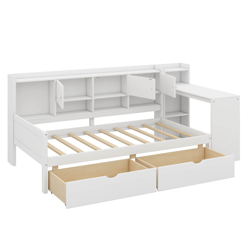 Twin Size Wooden L-Shape Daybed With Seven Storage Cabinets & Two Drawers, Multi-Functional Bed With Built-In Study Desk & Bookshelf