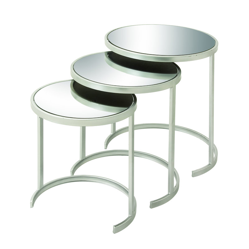Oakengates Metal Round Nesting Side End Accent Table with Mirrored Glass Top Set, Silver