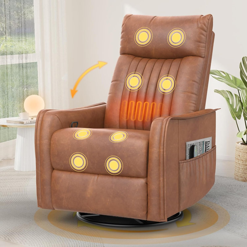 67cm Wide Home Theatre Recliner with Massager,Heating,Rocker Recliner Chair with Swivel, Browm