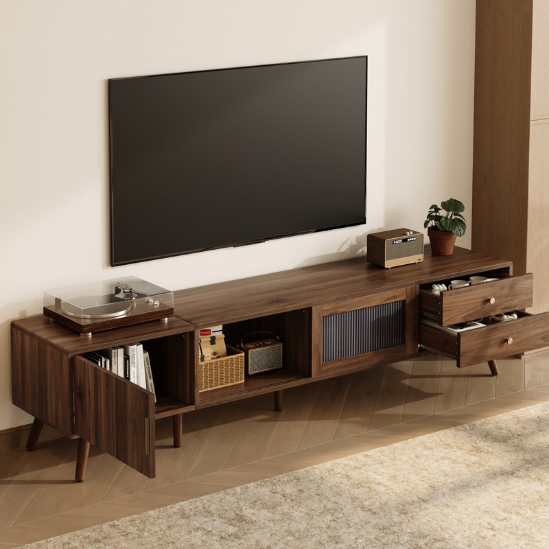 Meuble télé pour téléviseurs de 70 à 85 pouces, centre multimédia de 76 pouces avec portes coulissantes en verre ondulé, tiroirs profonds et tableau blanc.