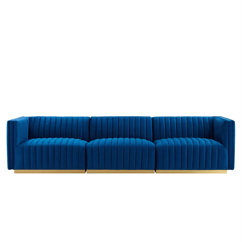Conjure Channel Tufted Sofa by Modway, Navy Blue Velvet, Gold, 28" H x 119" W x 41.5" D