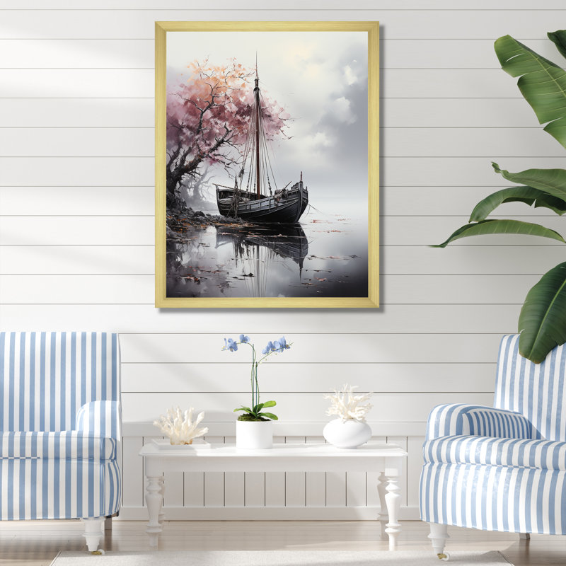 Mystic Pirate Boat Voyage III - Bateau côtier, art mural, Cadre photo doré simple, H 44 po x l 34 po x P 1,5 po