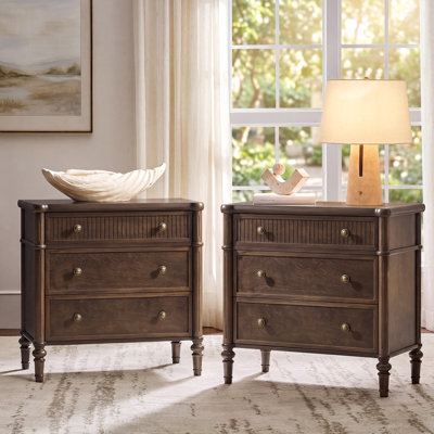 Hoai 28" W 3-Drawer Fluted Solid Wood End Table With Power Outlets