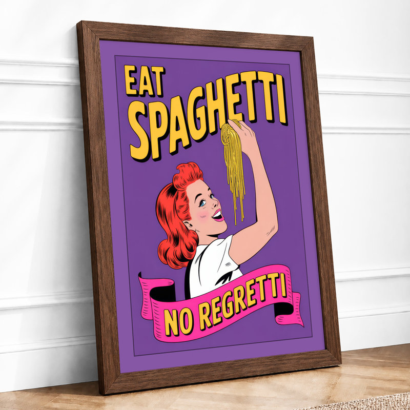 Eat Spaghetti No Regretti Retro - Framed Print, A4 - 29.7 x 21.0 cm, Walnut