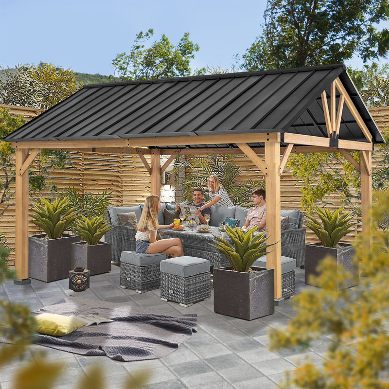 MeetLeisure 13 ft. x 11 ft. Cedar Wood and Black Steel Gazebo