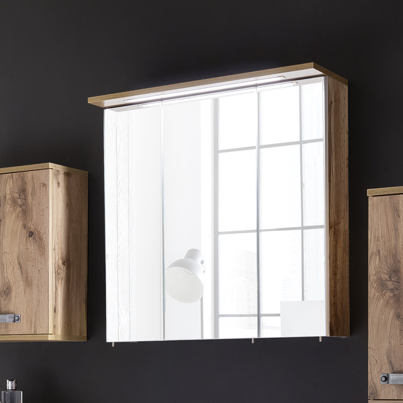 Milan Surface Mirrored Bathroom Cabinets with Mirror and 6 Adjustable Shelves, Natural colour