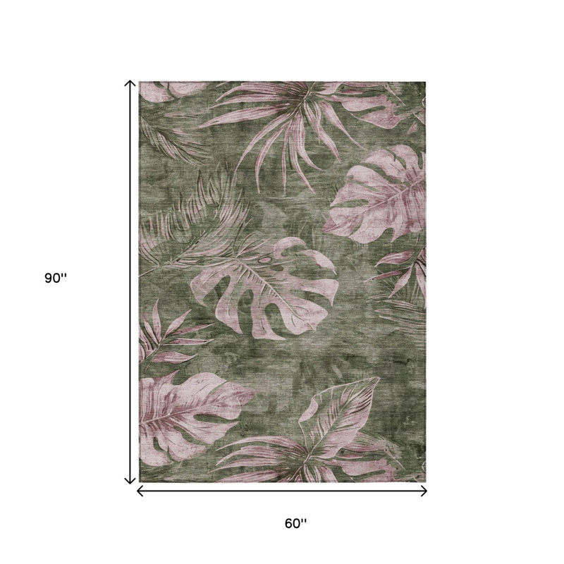 Tapis intérieur/extérieur lavable, vert olive et rose poudré à motifs floraux, 152 x 244 cm