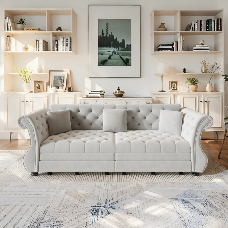 Canapé-lit surdimensionné en velours Chesterfield 97,6 po, H 34 po x l 97 po x P 32 po, Gris