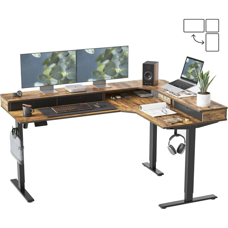 Bureau debout électrique en L avec tiroirs, Naturel/noir