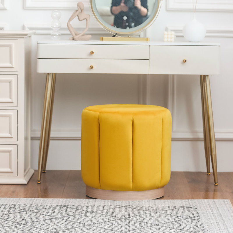 Round Upholstered Ottoman Stool, Yellow Polyester