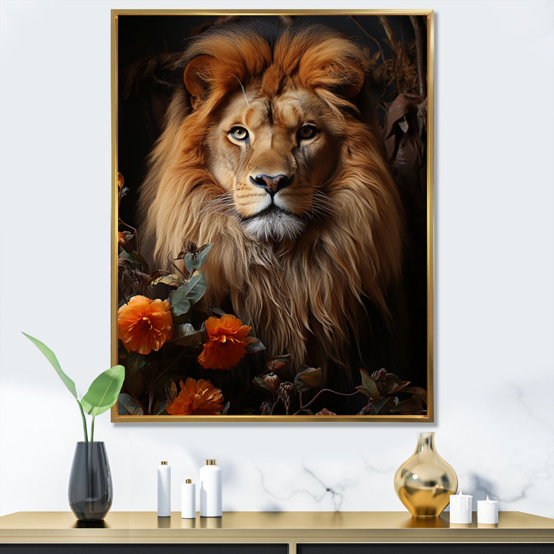 «Lions Regal Portraiture», reproduction sur toile, Cadre flottant doré, H 44 po x l 34 po x P 1,5 po