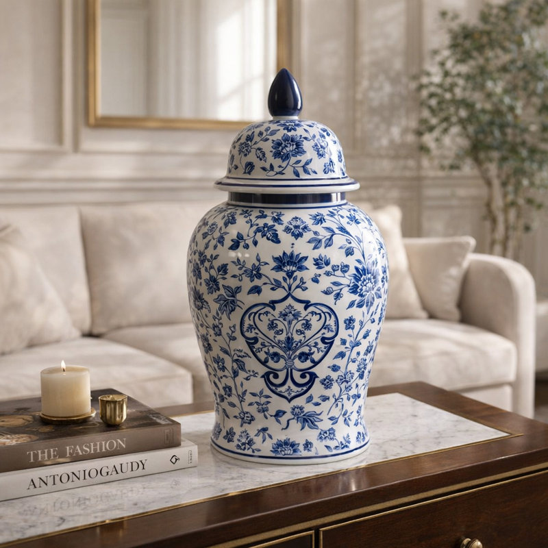Pot Jimerso avec motif floral bleu et blanc et couvercle amovible , H 18 po x l 9,5 po x P 9,5 po