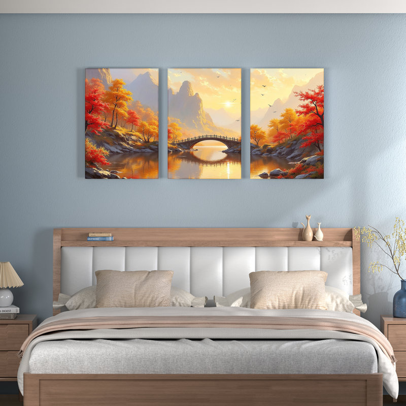 Tableau sur toile tendue représentant un paysage d'automne avec un pont de montagne, ensemble de 3 pièces pour la décoration du salon ou de la chambre