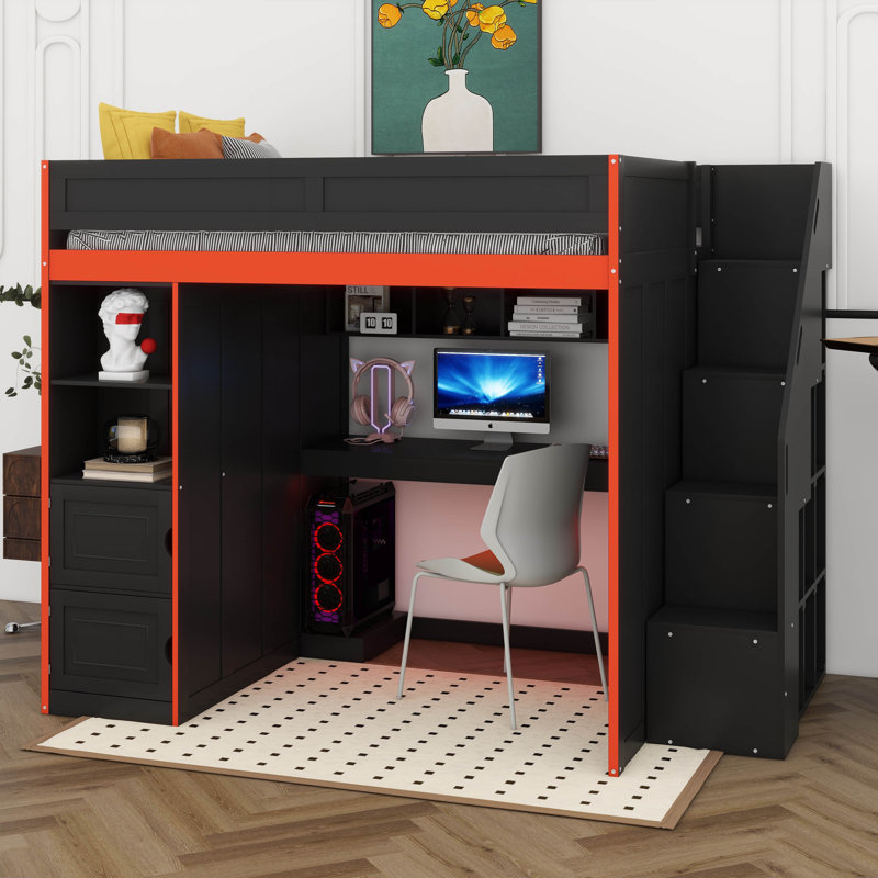 Gaming Loft Bed With LED Lights, Wood Loft Bed With Desk And Storage, Open Shelves For Study Bedroom, Full