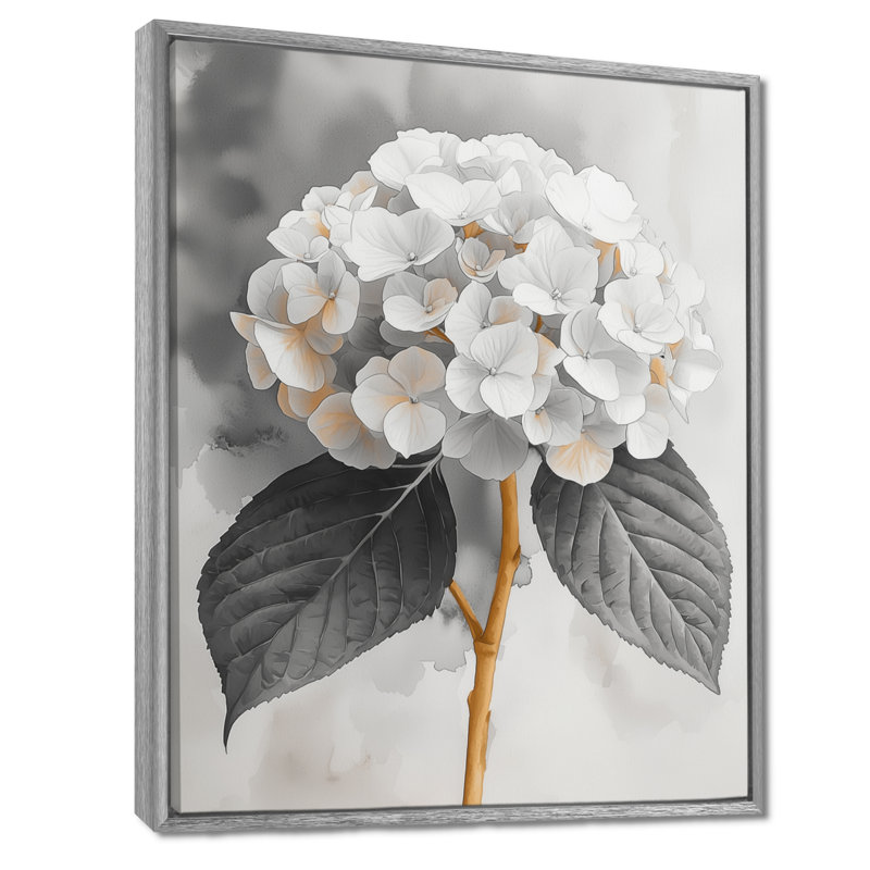 Monogramme d'hortensia avec une tige d'hiver I - hydrangées, art mural, Argent argent, Reproduction avec cadre flottant