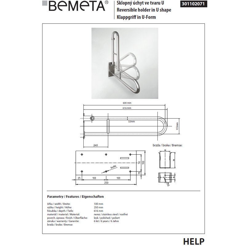 Help 600 61.6cm Grab Bar, Stainless Steel