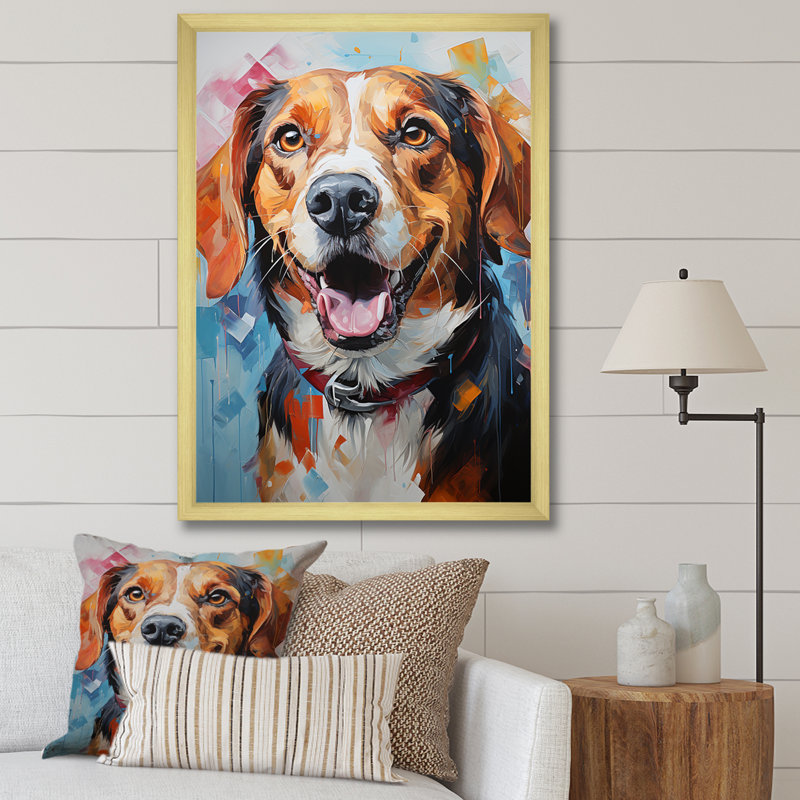 Beagle Bliss V sur toile, Cadre doré simple, H 32 po x l 16 po x P 1 po