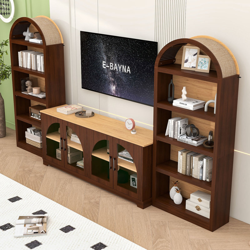 Ensemble de meuble télé modulaire 3 pièces avec portes arquées en verre trempé, tablettes réglables et armoires ouvertes