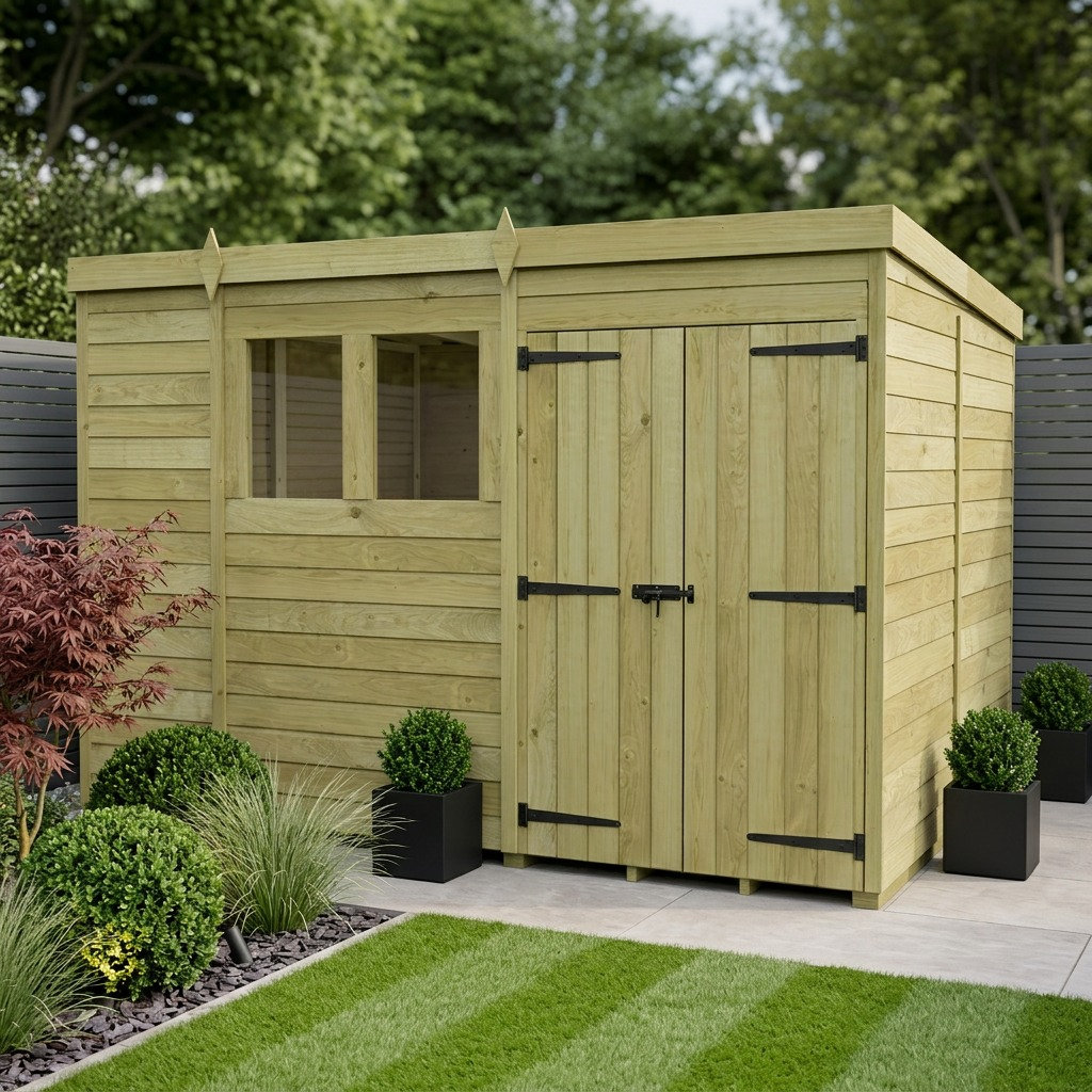 Total Sheds 10ft x 7ft Pent Garden Shed - Double Door - With Windows - Pressure Treated Timber - UK Manufactured