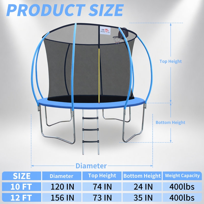 Mini trampoline de remise en forme pliable 12 pieds avec main courante, capacité de 400 lb, compact et portable pour les entraînements à domicile
