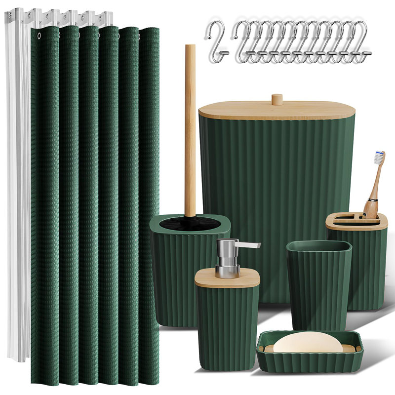 Complete 20 Piece Bathroom Accessory Set with Shower Curtain, Liner, and Hooks, Hunter Green