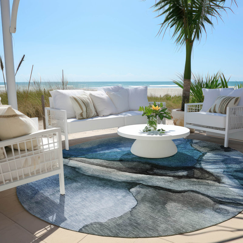 Machine Washable Indoor/Outdoor Xhevrie Blue Rug, Round 8'