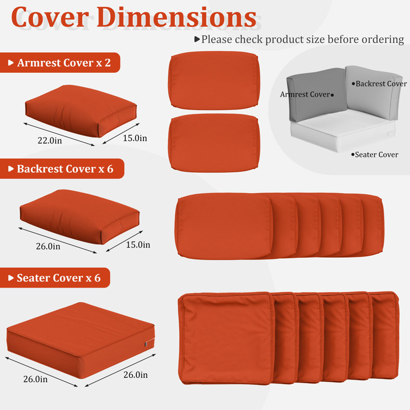 14 Pcs Outdoor Cushion Slipcovers All-Weather Patio Cushion Covers For Outdoor Furniture, Covers Only, Orange