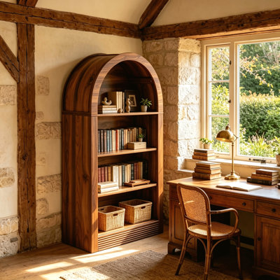 Bibliothèque cintrée de 121 cm de haut, bibliothèque à 4 niveaux en noyer, tablette de rangement ouverte moderne pour salon, chambre et bureau à domicile