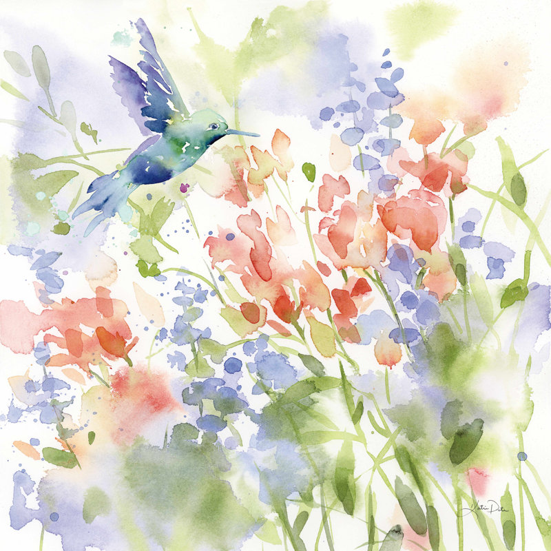 Colibri pré - peinture sur toile tendue, H 30 po x l 30 po
