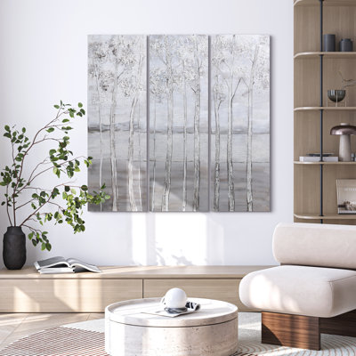 " Silver Winter Textured Metallic " 3 Piece Art Oil Painting