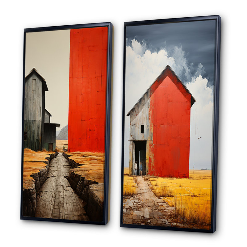 " Landscape Barns Rural Patchwork " 2 - Pieces, Black Framed, 32" H x 32" W