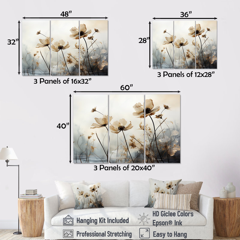 «Jade Flowers Field Enchantment - Flower», ensemble d'art mural, H 32 po x l 48 po x P 1 po