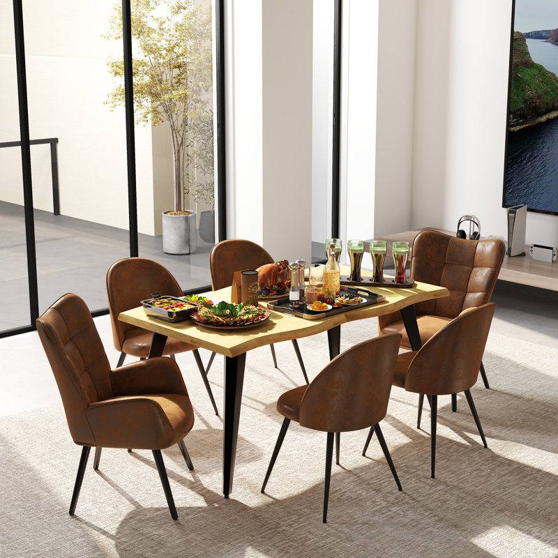 Shivani Elegant 7-Piece Dining Table Set for 6, 63" Live Edge Dining Table with Upholstered Chairs for Kitchen Dining Room