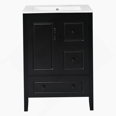 24 inch Bathroom Vanity with Sink, One Cabinet with Soft-closing Door, 3 Soft-closing Drawers, Retro Metal Handles, Black