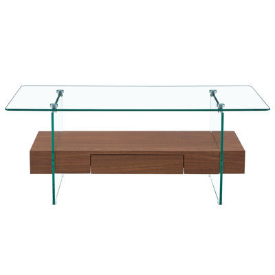 " two-tier glass coffee table with storage drawer, dark wood grain pattern & multi-function design